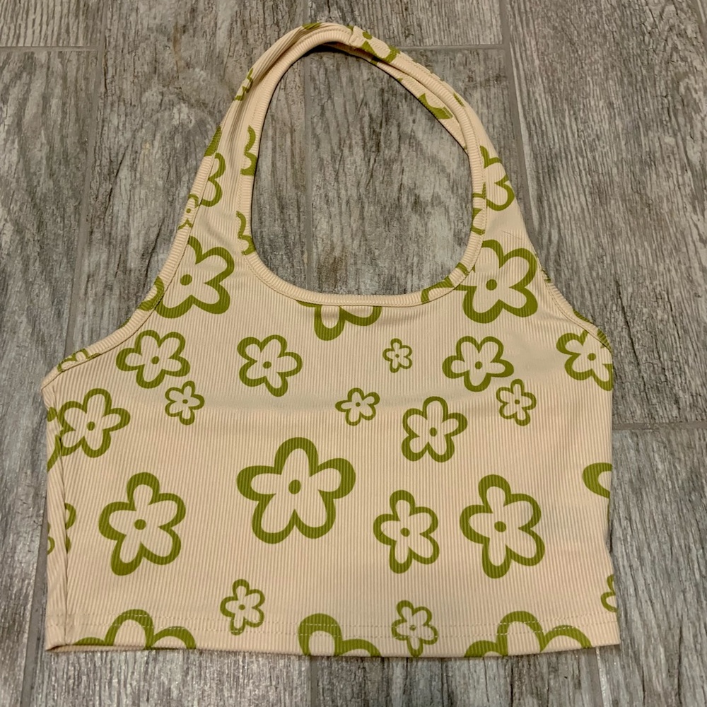 Tan and green Hawaiian floral halter top